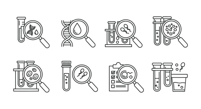 a set of line art icons depicting laboratory tests genetic analysis and fertility research ideal for medical and scientific use