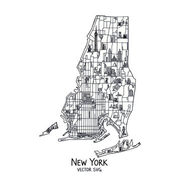 New York City Map Sketch - Iconic Skyline Buildings and Streets