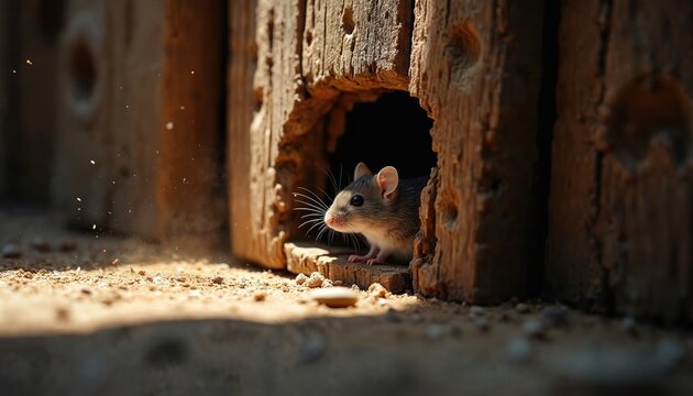 Small mouse peeks from damaged wooden wall opening. Creature emerges from gnawed hole in aged timber structure. Wild animal hides in shelter, curious gaze.