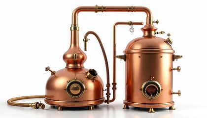 Copper alembic still for distilling alcohol or essential oil. This traditional craft equipment is isolated on a white background. It is a brewing apparatus.