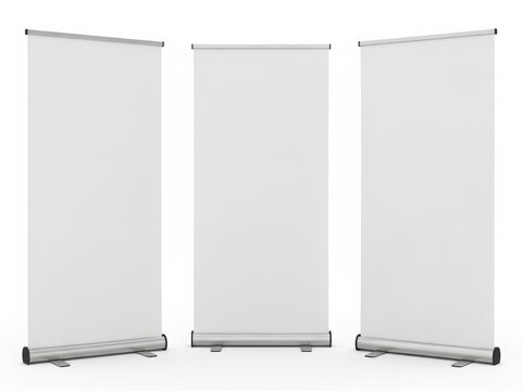 Three portable flip charts standing side by side with blank white boards.