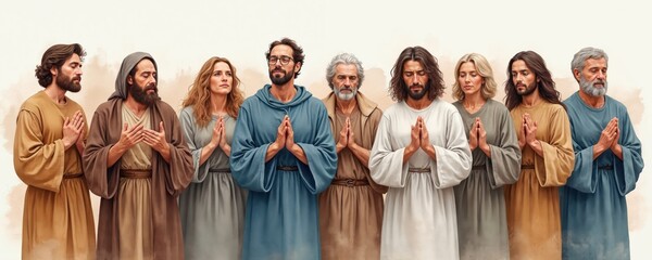 Fototapeta premium Group of diverse people pray together in watercolor style. Men, women with hands clasped in unity, seeking divine connection. Spiritual gathering in humble attire, showing faith, reverence. Worship