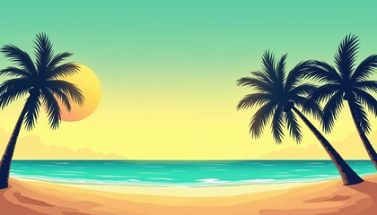 Tropical beach scene with palm trees, golden sand, clear turquoise ocean water. Sun bright in yellow gradient sky, creating peaceful, relaxing atmosphere for summer vacation. Calm waves gently wash