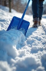 Blue snow shovel digs deep into white snowdrifts creating path on sidewalk. Person in boots walks away after winter storm. Outdoor cleanup work.