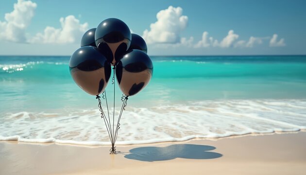 Black balloons float on tropical beach waves. Seaside scene with blue ocean water, sand shore, and clear sky. Offers concept for travel deals or events.