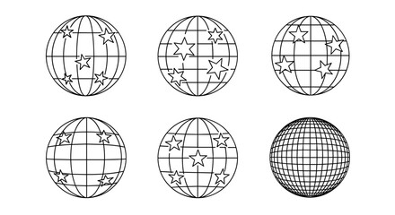 Set of abstract wireframe globes with grid lines and star shapes representing global network connection and digital