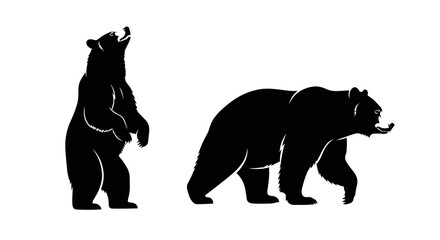 Obraz premium Two black bear silhouettes one standing upright with mouth open and head tilted back the other walking on all fours