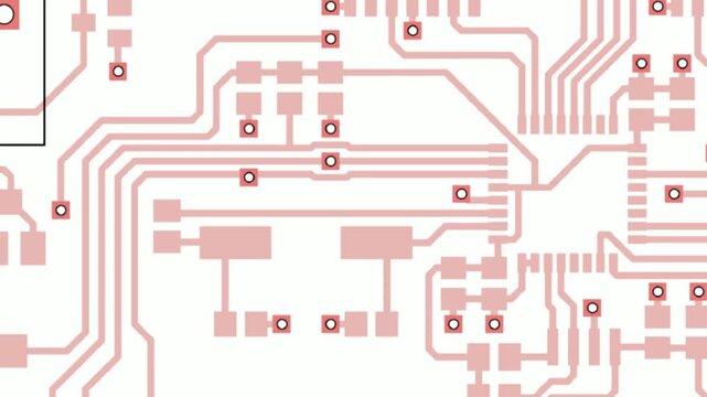 Video animation with printed circuit board of electronic device with components of radio elements, 
conductors, contact pads on pcb. Engineering drawing. Computer technic cad design, screensaver.