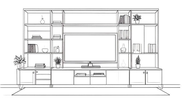 Classic Home Entertainment Center Line Drawing with TV Wall Unit Vector Illustration