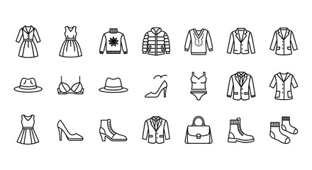 Fototapeta premium collection of line icons illustrating various mens and womens fashion apparel shoes and accessories for e-commerce.