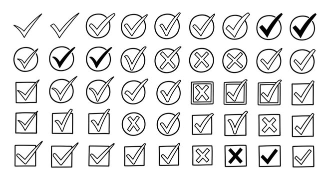 hand-drawn checkmark and x-mark symbols for user interface design surveys and task completion signifying approval denial and choices