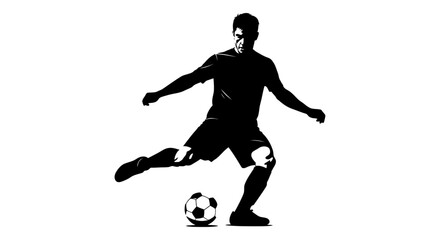 Fototapeta premium male soccer player silhouette in a powerful kicking action striking a football isolated on white for sports designs.