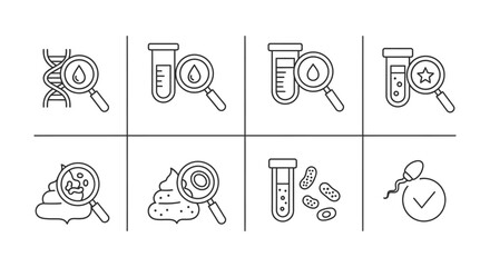 medical diagnostic outline icons representing dna blood stool and fertility lab tests for health analysis and scientific research. © dikifajarfadilah