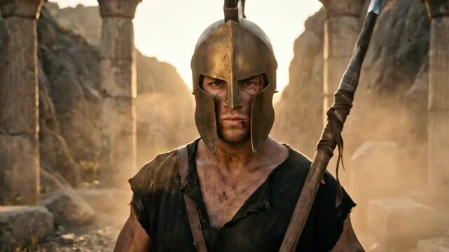 spartan helmet. A warrior stands in a rugged terrain, clad in an aged, battle-worn helmet, holding a wooden staff, amidst ancient stone pillars and a dusty ambiance