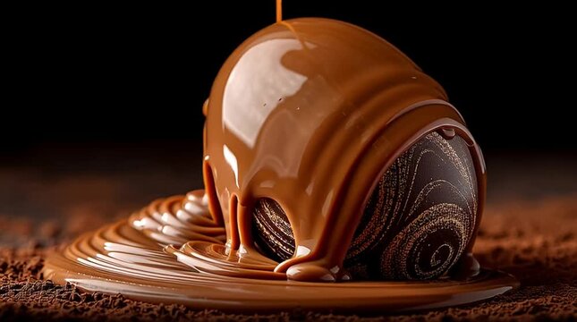 Gourmet dark chocolate easter egg drizzled with melting milk chocolate sauce