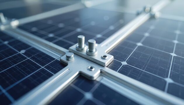 Closeup of solar panels connection point with metal frame and bolts. Detail view shows system hardware for renewable energy generation. Photovoltaic cells assembly.
