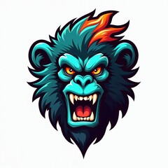 Obraz premium Fierce cartoon gorilla head with bright yellow eyes and bared teeth. Teal fur and fiery orange hair accents. Aggressive ape face artwork for gaming teams or mascots.
