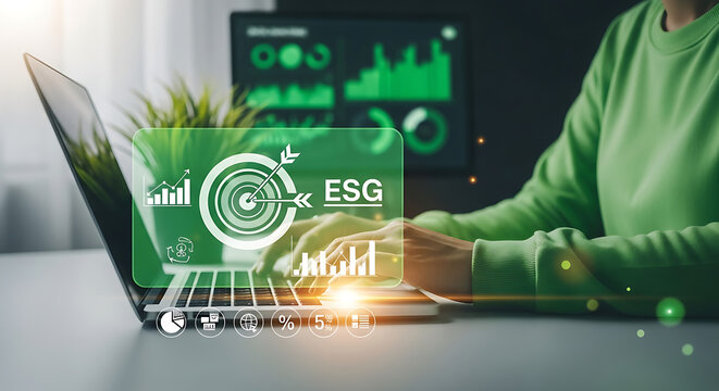 ESG strategy development and implementation using digital analytics and virtual dashboards on a laptop
