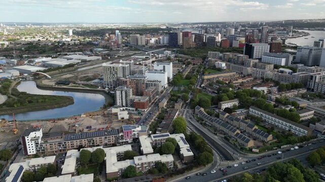 Aerial view of Poplar, East London, showing new housing developments with the Leamouth Peninsula and O2 Arena in North Greenwich beyond.