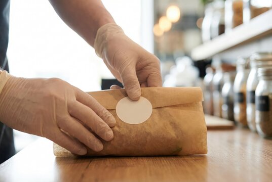 Worker in gloves sealing a takeaway paper bag with a blank white round sticker