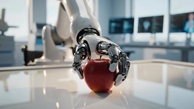 Robotic hand carefully touches an apple in a lab setting