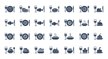 Collection of dark blue restaurant and food icons on white background.