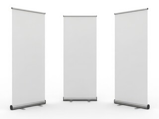 Three blank roll-up banners standing upright in a row