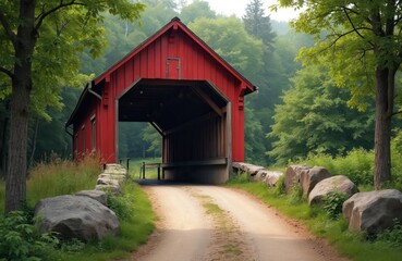 Red covered bridge crosses dirt path through lush green forest. Wooden structure has open archway. Scenic rural landscape with trees and stones. Nature scene on a bright day.
