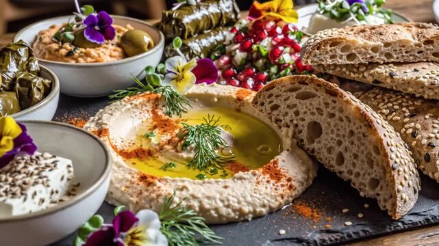 A delightful and vibrant spread of Middle Eastern and Mediterranean meze, showcasing creamy hummus, savory dolmades, fresh dips, and rustic flatbreads