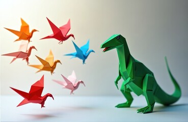 Fototapeta premium Green origami dinosaur confronts flock of colorful paper birds. These handmade cranes fly towards the reptile. Fun craft concept with diverse origami shapes.