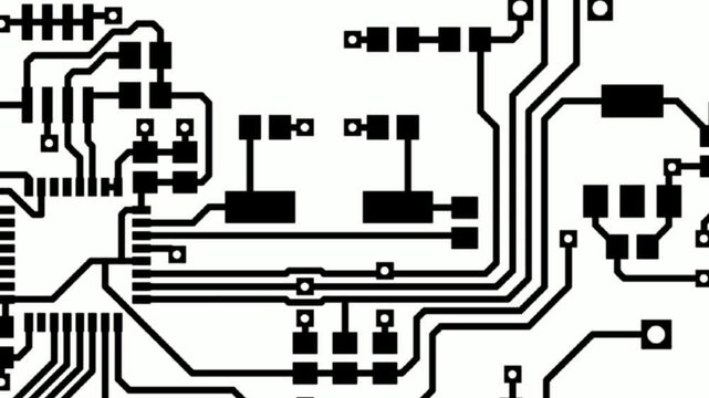 Video animation with printed circuit board of 
electronic device with conductors tracing, contact pads of radio elements on pcb. Engineering drawing. Computer technic cad design with animated effect.