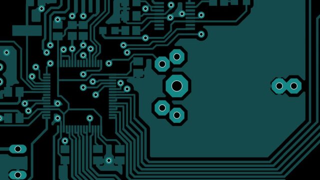 Video animation with printed circuit board of 
electronic device with conductors tracing, contact pads of radio elements on pcb. Engineering drawing. Computer technic cad design with animated effect.