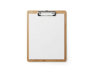 A wooden clipboard with a blank sheet of paper and a silver clip
