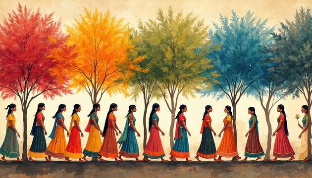 Indian women in colorful saris walk in a line. Trees with red orange yellow green blue foliage line the path. Art style shows narrative tradition.