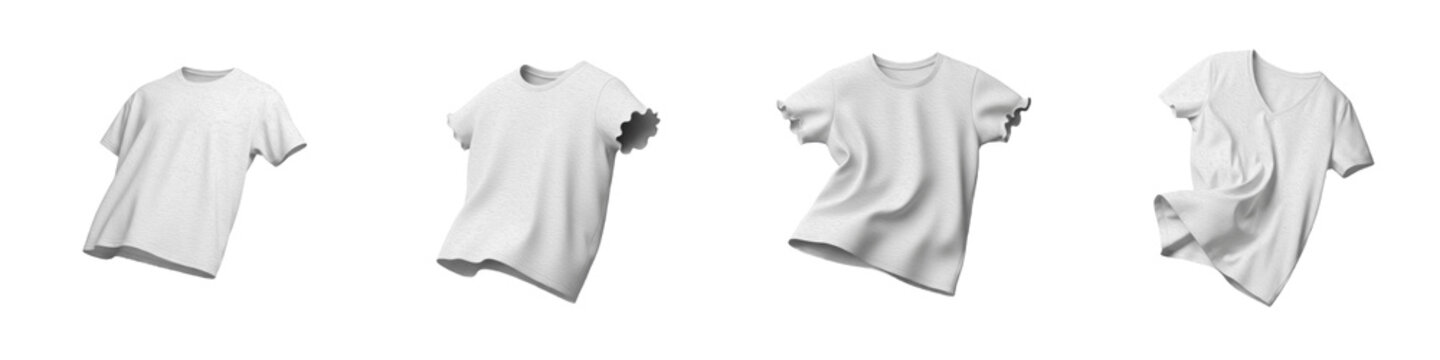 Set and collection of white cotton t-shirts in motion and flying fabric mockups isolated on white transparent png background.