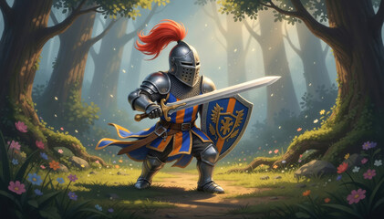 Obraz premium Brave Knight in Enchanted Forest: A courageous knight, clad in shining armor and a plumed helmet, stands resolute amidst a magical woodland, his sword and shield at the ready for a noble quest.