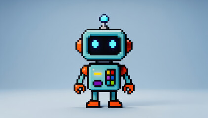 Fototapeta premium Pixelated Companion: An adorable pixel art robot, a symbol of innovation and technology, standing boldly against a clean backdrop. 