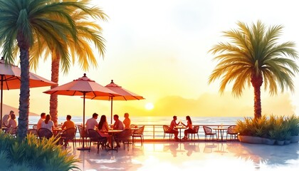 Fototapeta premium People eat at cafe tables under umbrellas by the sea at sunset. Palm trees frame ocean view, couples dine at tables. Warm colors glow on water.