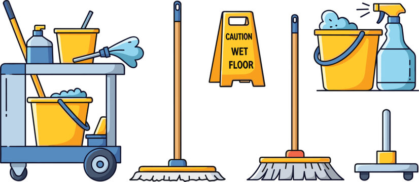 Professional Cleaning Services and Janitorial Tools Vector Illustration Set with Cleaning Trolley Mop Buckets Spray Bottle and Caution Wet Floor Sign