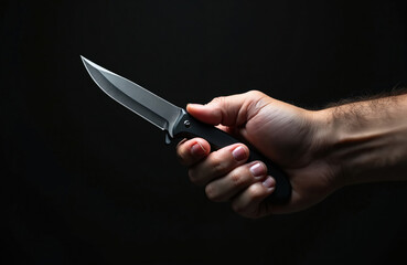 Obraz premium Man holds sharp folding knife ready for action. Close-up on hand with blade against dark background. Weapon in grip ready for attack or defense.