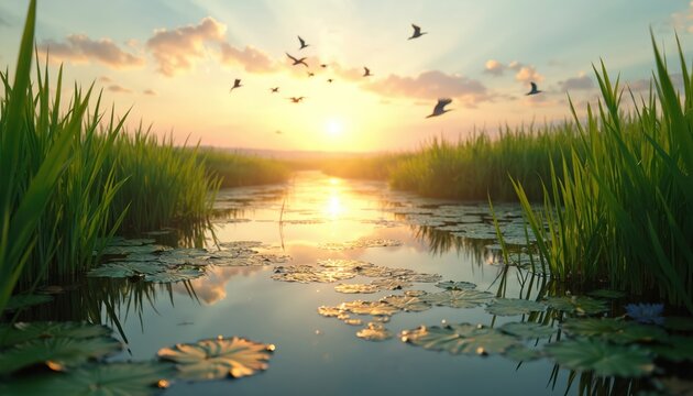 Water channel through wetland reeds at sunset with birds flying. Rich green grass borders calm water reflecting golden sun and clouds. Peaceful natural scenery.