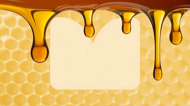 Honey dripping from honeycomb with golden texture and empty label space