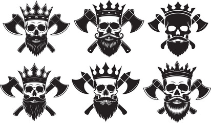 Bearded Skull with Crown and Crossed Axes &ndash; Black and White Silhouette Vector Illustration
