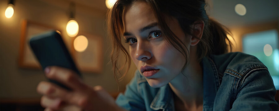 Young woman secretly checks boyfriend phone. Girl looks suspiciously at screen. She reads message, feels jealous. Private life, trust issues, relationship problems.