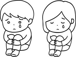 ひざをかかえて泣く子供の線画イラスト