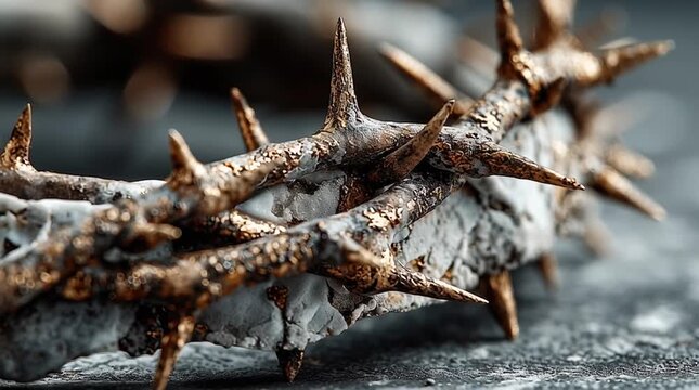 Closeup of a crown of thorns with gold accents on a dark surface