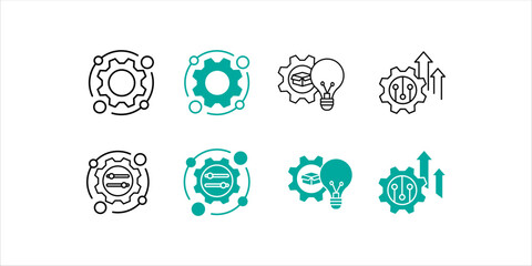 Clean outline icon pack illustrating business growth, innovation, process optimization, and system workflow. Features modern linear design with green highlights, ideal for dashboards, fintech apps, st