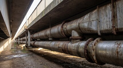 Heavily corroded industrial pipes running beneath a sturdy concrete bridge during daytime