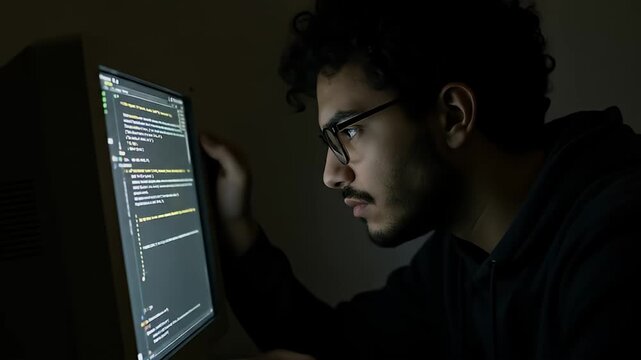 Young man in glasses intently stares at code on an old computer screen in the dark