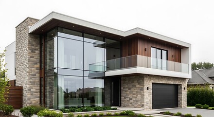 Modern two-story house featuring large glass windows and stone exterior design.